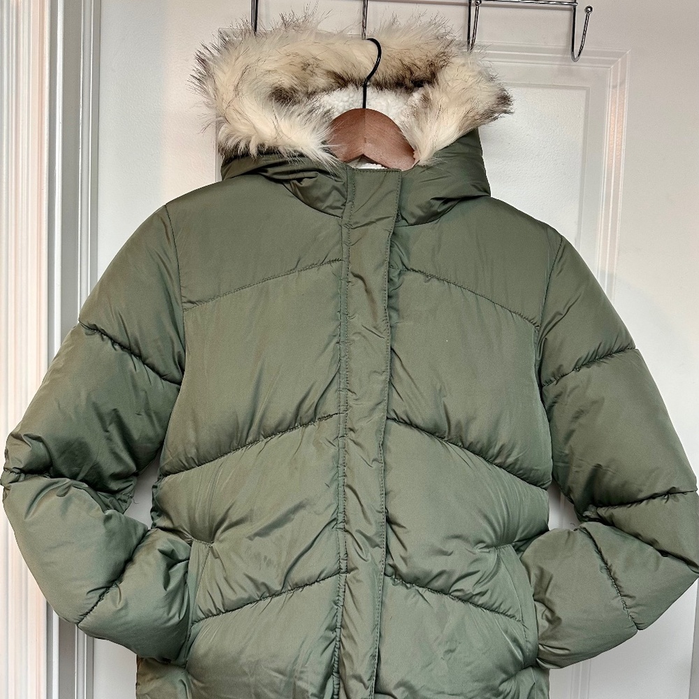 Children's Place Girl's Olive Green Agate Puffer Coat (XL-14)